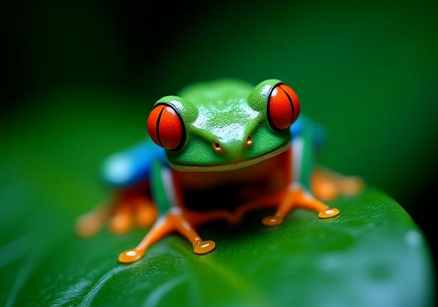 コスタリカの熱帯雨林の葉の上にいるアカメアマガエル