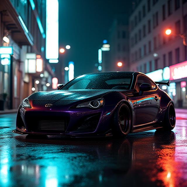 夜のストリートで佇むスタンス系カスタムカー